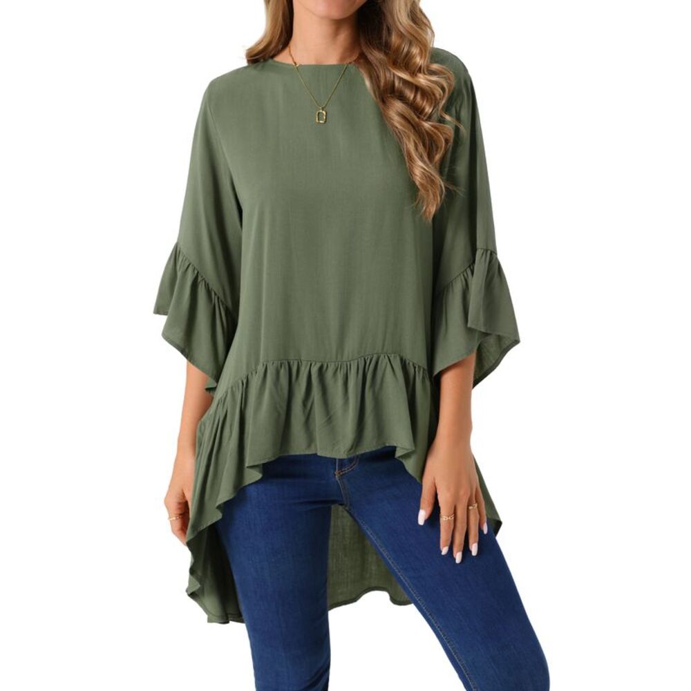 High Low 3/4 Bell Sleeve Round Neck Keyhole Back Asymmetrical Blouse Army Green